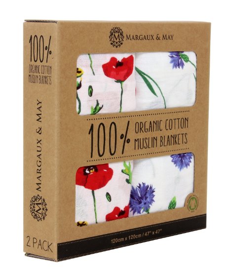 Organic Muslin Swaddle Blanket - Margaux & May - X Large Swaddling Blankets - Poppies & Corn Flowers