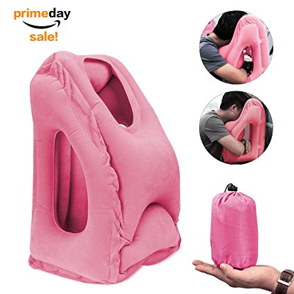 SENQIAO Inflatable Travel Pillow,Air Cushion Portable Nap Pillow for Airplanes,Cars,Office Napping,Soft PVC Flocking (Pink)