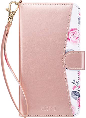 ULAK iPhone XR Wallet Case, Premium PU Leather Kickstand Card Holder ID Slot and Hand Strap Shockproof Protective Cover for Apple iPhone XR 6.1 Inch, Rose Gold Floral Pink