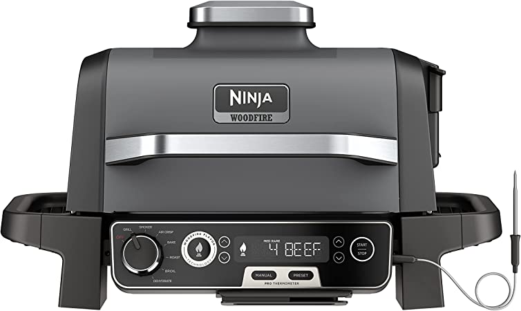 Ninja OG751 Woodfire Pro Outdoor Grill with Built-In Thermometer, 7-in-1 Master Grill, BBQ Smoker, & Outdoor Air Fryer Plus Bake, Roast, Dehydrate & Broil, Woodfire Technology, Weather-Resistant, Grey