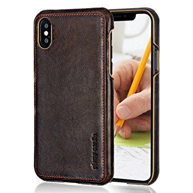 iPhone X Case, Pierre Cardin Genuine Cowhide Protective Hard Back Cover for iPhone X (Dark Brown)