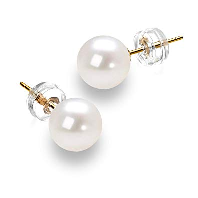 14K Gold Round Freshwater Cultured Pearl Stud Earrings - AAAA Quality