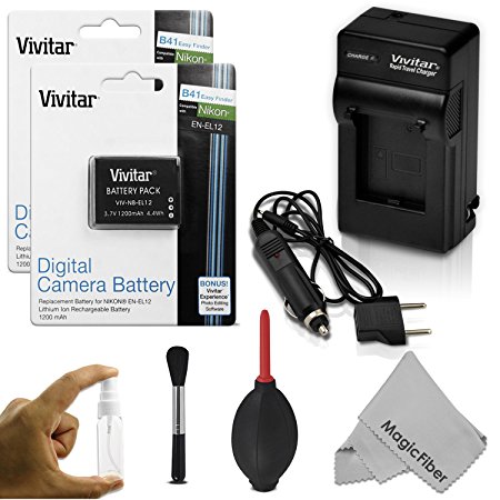 (2 Pack) EN-EL12 Battery and Charger Kit for NIKON Coolpix AW100 AW110 AW120 S9500 S9300 S9200 S9100 S8200 S8100 S6300 P330 - Includes: 2 Vivitar Ultra High Capacity Rechargeable 1200mAh Li-ion Batteries   AC/DC Vivitar Rapid Travel Charger   Cleaning Kit   MagicFiber Microfiber