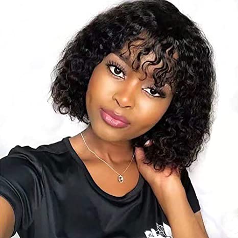 ISEE Hair Curly Wave Human Hair Wig with Bangs 150% Density Glueless Machine Made Wigs For Black Women Brazilian Virgin Afro Kinky Curly Wave Wigs Natural Color (12inch)