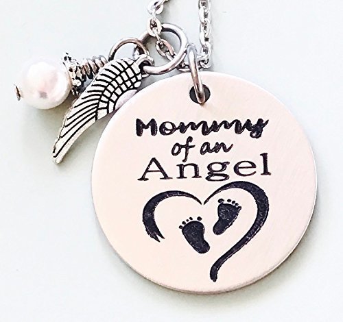 Mommy of an Angel Engraved Memorial Necklace with Simulated Pearl by Dots of Sugar