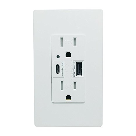 Type C USB Wall Outlet -SECKATECH 4.2AMP USB-A, 3AMP TYPE-C,Smart Dual USB Ports Charger Socket,15 AMP Tamper Resistant Receptacle With 2 Free Wall Plates & USB Charging Sync Data cable (White).