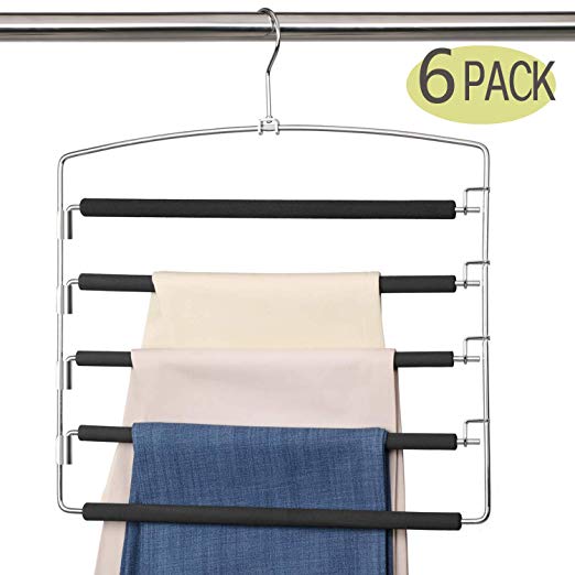 Meetu Pants Hangers 5 Layers Stainless Steel Non-Slip Foam Padded Swing Arm Space Saving Clothes Slack Hangers Closet Storage Organizer for Pants Jeans Trousers Skirts Scarf Ties Towels (6 Pack)