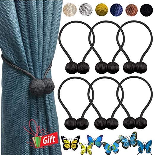 LZDecor 6 Pack Magnetic Curtain Tiebacks: 16 inch Decorative Tie Backs for Draperies Magnetic Curtains Holdbacks for Outdoor Kitchen Windows Porch Office-Black