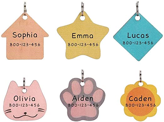 Dog ID Tags - 6 Pcs Name Tag for Dogs - Cute Handwriting Wooden Pet ID Tags - Lightweight Tag No Noise Pendant in Kitty, Star, Paw, Flower and House Shapes, Personalized Pet Charms for Dogs and Cats