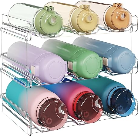 Lifewit Stackable Water Bottle Organizer for Cabinet, Water Bottle Holder, Kitchen Pantry Organization and Storage, Plastic Fridge Wine Racks, Tumbler Travel Mug Cup Holder, 3Pack, Hold 9 Bottles