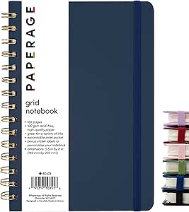 PAPERAGE Graph Paper Spiral Notebook & Journal, (Navy), 160 Pages, Medium 5.5 inches x 8 inches - 100 GSM Thick Graphing Paper, Hardcover, Double-Wire Grid Spiral Notebook