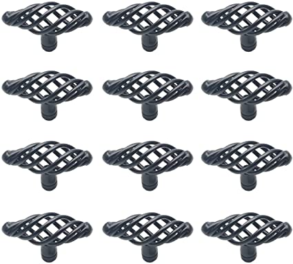 Nest Drawer knobs,12-Pack Susenya Birdcage Knob Iron Black Bird Cage Oval Twist Cabinet Knobs2.9x1x1.6"(LxWxH)