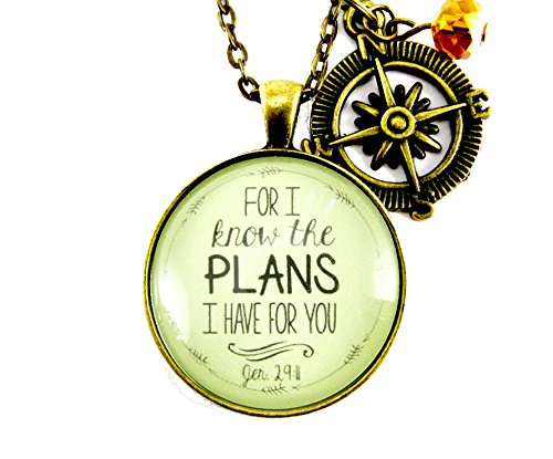 For I Know the Plans I Have For You 24" Necklace Christian Scripture Jeremiah 29 11 Vintage Style Bronze 1.20" Round Glass Pendant Christian Jewelry Compass Charm Glass Bead