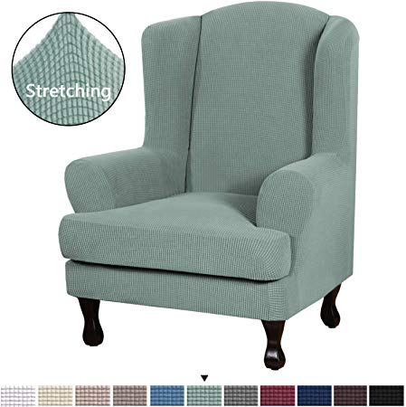 Elegant Luxury High Spandex Sofa Cover Stretch Jacquard Furniture Protector, 2 Piece Super Stretch Stylish Furniture Cover/Wingback Chair Cover Slipcover Machine Washable, Sage, Wing Chair