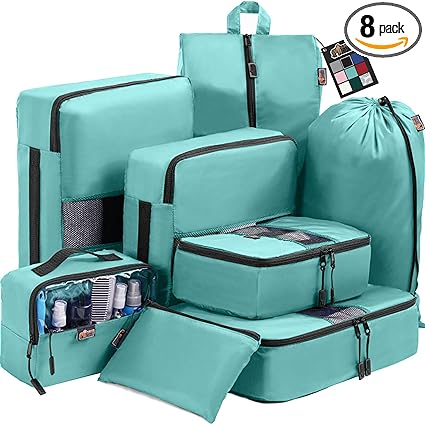 Gorilla Grip 8 Piece Packing Cubes Set, Space Saving Organizers for Suitcases and Luggage, Mesh Window Bags, Travel Essentials for Carry On, Clothes, Shoes, Toiletry Accessories with Zipper, Turquoise