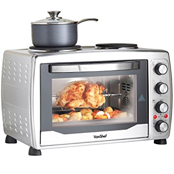 VonShef Large 36L Convection Mini Oven, Grill & Rotisserie with Double Hot Plates includes Baking Tray & Wire Rack - FREE 2 year warranty
