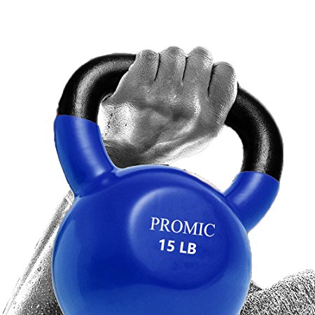 PROMIC 5lb to 20lb Kettlebell, Vinyl Coated Solid Cast Iron Fitness Kettlebell Weight (5lb, 10lb, 15lb, 20lb) - Sold as Single