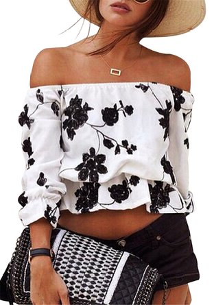 Moxeay Sexy Printed off-shoulder Floral Crop Tops Blouse