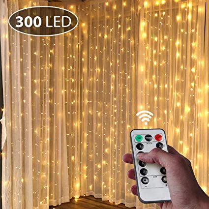 UBEGOOD Window String 300 LED USB Icicle Curtain Lights, with Remote Control Timer, 8 Modes Setting, for Bedroom Home Garden Wall Decorations Wedding Party Outdoor Indoor-Warm White