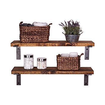 DAKODA LOVE - Industrial Shelves w/ Metal Brackets (Set of 2), USA Handmade, Pine Wood (5H x 36W x 10D, Walnut)