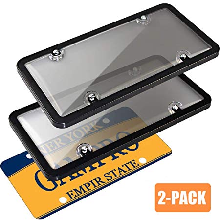 GAMPRO Car License Plates Covers and Frames Combo, 2-Pack Car License Plate Frame Holder Shield for All Standard US 6x12 inches License Plates, Screws Included (Smoked)