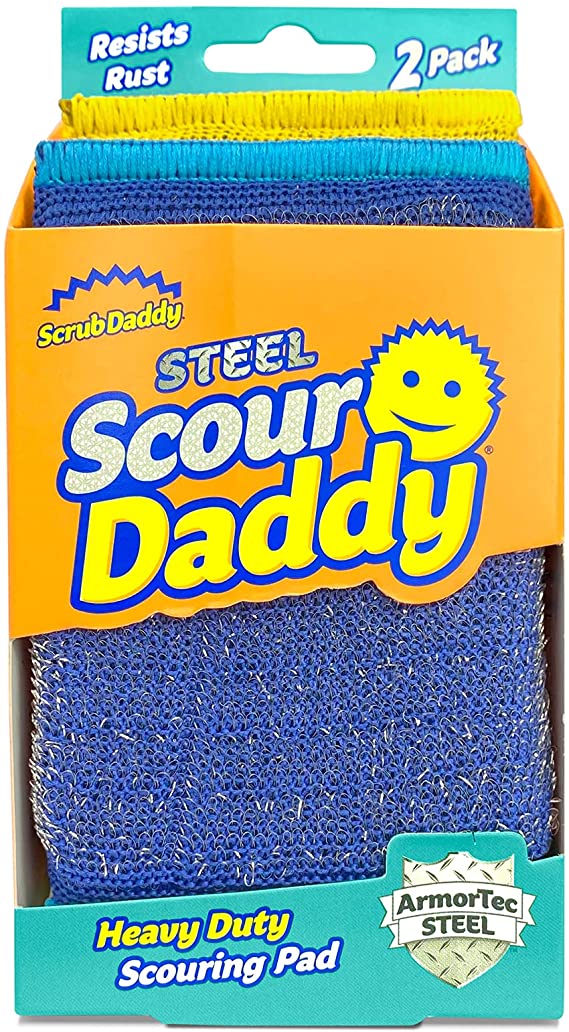 Scrub Daddy Steel Scour Pads - Scour Daddy Steel - Stainless Steel Scouring Pads for Dishes, Pots, Pans and Grill, Scrubbers for Kitchen and Bathroom, Soft in Warm Water, Firm in Cold - 2ct