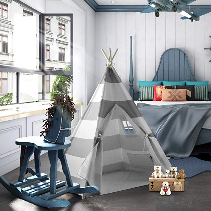 UKadou Kids Tent Indoor Playhouse -Teepee Tent for Kids Fort Play Tent for Boys Girls Children's Canvas Baby Tent tpee 6ft Grey Stripe Tepees Toddler Tent with Floor &Carry case(Upgrade )