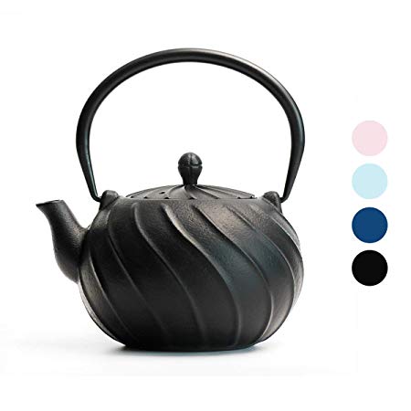 Cast Iron Tea Kettle, TOPTIER Japanese Cast Iron Teapot with Infuser, Cast Iron Tea Kettle Stovetop Safe, Wave Design Teapot Coated with Enameled Interior for 30 Ounce (900 ml), Midnight Black