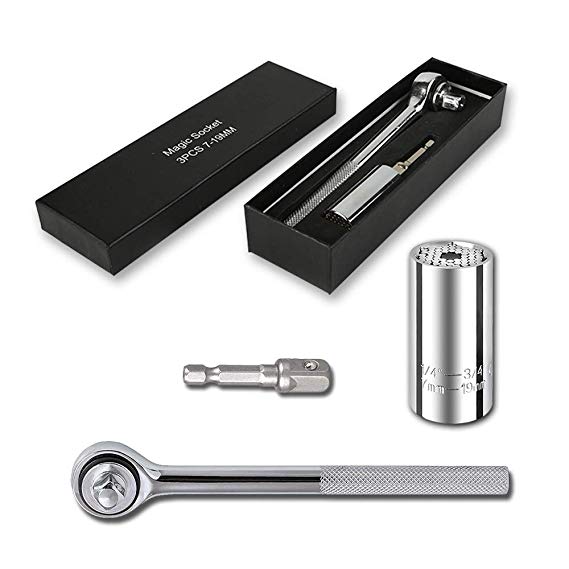 Universal Socket 3 Pcs Tool Set (7-19mm), Owlbbabies Multifunctional Ratchet Wrench Sockets Kit, Professional Magical Grip Screw Adapter with Box for Father’s Day, Handyman, Gift Idea