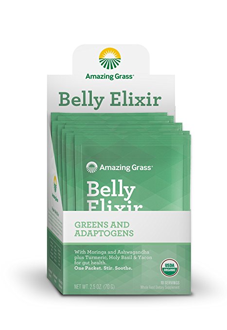 Amazing Grass Belly Elixir, Greens and Adaptogens Organic Powder, 10 Count