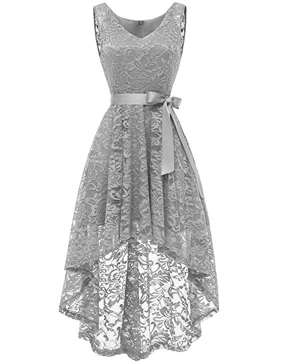 BeryLove Women's Floral Lace Hi-Lo Bridesmaid Dress V Neck Cocktail Formal Swing Dress