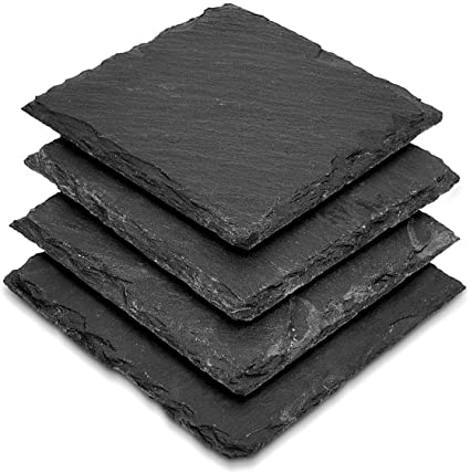 Navaris Natural Slate Glass Coasters - Set of 4 Square Drink Placemats Grey Stone