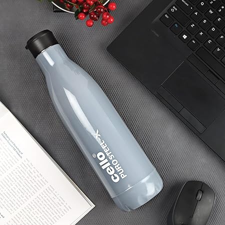 Cello Puro Steel-X Neo 900 |Cold Water Bottle with Inner Steel and Outer Plastic | Insulated Kids Water Bottle | 730 ml, Grey