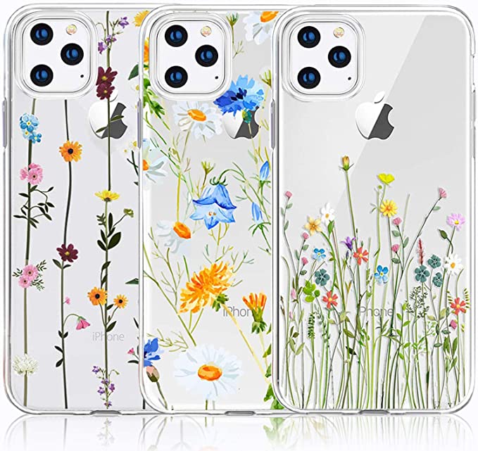 CarterLily iPhone 11 Pro Max Case, iPhone 11 Pro Max Case with Flowers, [3-Pack] Watercolor Flowers Floral Pattern Soft Clear Flexible TPU Back Case for iPhone 11 Pro Max 6.5 inch (Cute Wildflower)