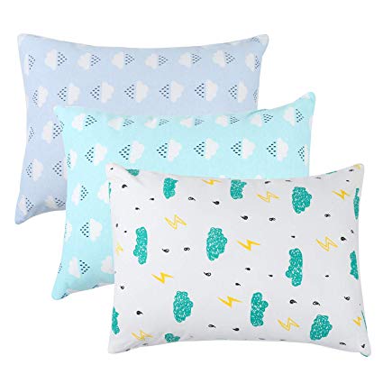 Onacosht Toddler Pillowcases 3 Pack 14"x19" Fit for 13"x18" or 12"x16" Pillows, Soft 100% Cotton Jersey Kid Pillow Cover with Zippered Closure, Cloud and Raindrops Pattern