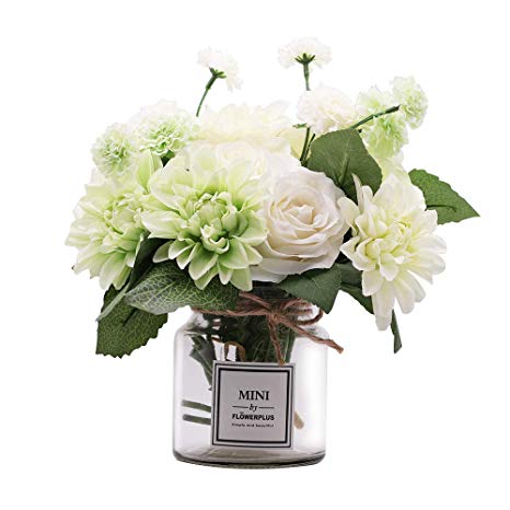Missblue Artificial Rose Flowers with Vase,Fake Silk Rose Dahlia Daisies Bouquet with Glass Jar Home Rope for Wedding Proposal Bride Home Decoration and The Best Gift (Green)