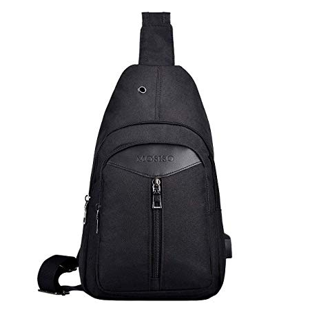 Mosiso Sling Backpack with USB Charging Port, Polyester Travel Daypack Durable Chest Shoulder Unbalance Gym Fanny Crossbody Sack Satchel Outdoor Hiking Bag for Men Women Girls Boys, Black