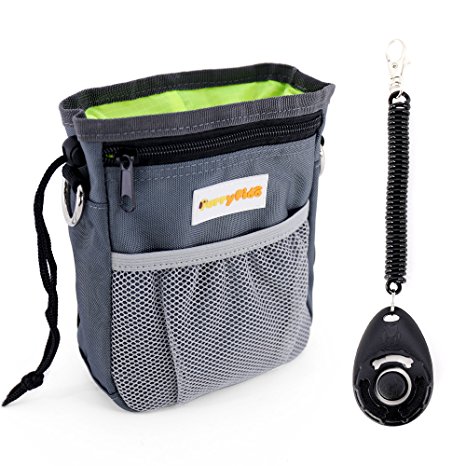 Dog Treat Pouch with Waste Bags Dispenser, FurryFido Dog Training Pouch with Extra Long Waist Belt and Over Shoulder Strap, Carries Treats, Toys, Keys etc. ( One Set of Training Clicker)