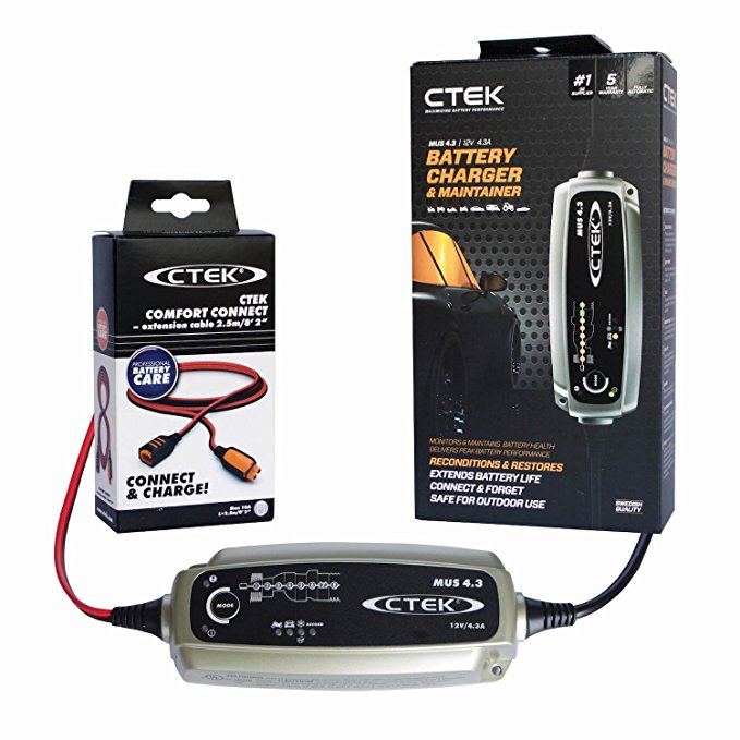 CTEK 12V MUS 4.3 Fully Automatic 8 Step Battery Charger and Extension Cable Bundle - 12 Volt Water Resistant Indoor and Outdoor