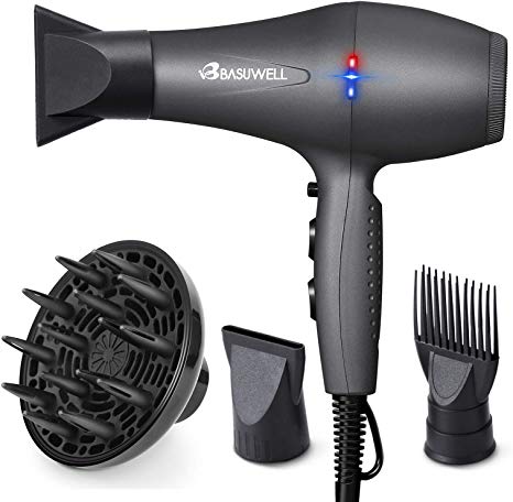 Basuwell Hair Dryer Professional 2100W Salon Hairdryer Ionic Far Infrared 2 Speed 3 Heat Cool Shot Setting AC Motor Blow Dryer With Diffuser/Concentrator/Comb Air Nozzle - UK Plug Grey