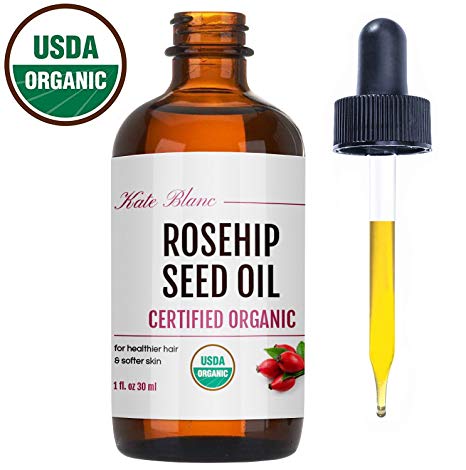 Rosehip Seed Oil by Kate Blanc. USDA Certified Organic, 100% Pure, Cold Pressed, Unrefined. Reduce Acne Scars. Essential Oil for Face, Nails, Hair, Skin. Therapeutic AAA+ Grade. 1-Year Guarantee (1oz)