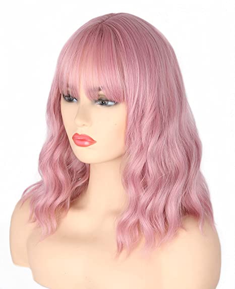 Topcosplay Womens Wig Pastel Pink Wigs Short Wavy Curly Shoulder Length Bob Hair Wigs with Air Bangs