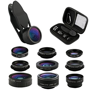 Cell Phone Camera Lens Kit, 9 in 1 Zoom Telephoto Lens   198° Fisheye lens   0.36X Super Wide Angle Lens   20X Macro Lens   15X Macro Lens   0.63X Wide Lens   CPL   Kaleidoscope Lens   Starburst Lens