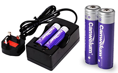 Canwelum Powerful 3.7V 18650 Lithium Ion Battery and Charger with Standard UK BS1363 Plug, Rechargeable 18650 Li-ion Battery with Protective Board and Bigger Power Capacity - Applicable for Torhces, Not for Electronic Cigarettes (A Set of 4 x Batteries & 1 x Charger)