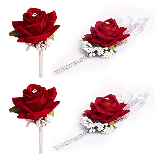 YSBER Wedding Velvet Rose Rhinestone Corsage and Boutonniere Set Vintage Artificial Rose - 2 Sets Wine red