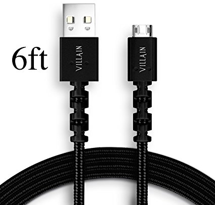 Villain 6FT Premium Micro USB Cable Nylon Braided Tangle-Free - Fast Charging 2.4A For Android, Samsung, HTC, Nokia, Sony and More..