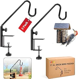 Deck Bird Feeder Hanger for Railing, 11inch Deck Hook for Bird Feeder Pole, Durable 3 Layers Powder Coated & Sturdy 1 Piece Solid Steel Construction for Hanging Decorations, 2 Pack