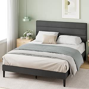 Zinus Queen Piper Upholstered Platform Bed with Horizontal Paneled Headboard, Wooden Slat Support, No Box Spring Needed, Easy Assembly, Eco Friendly Packaging, Dark Grey