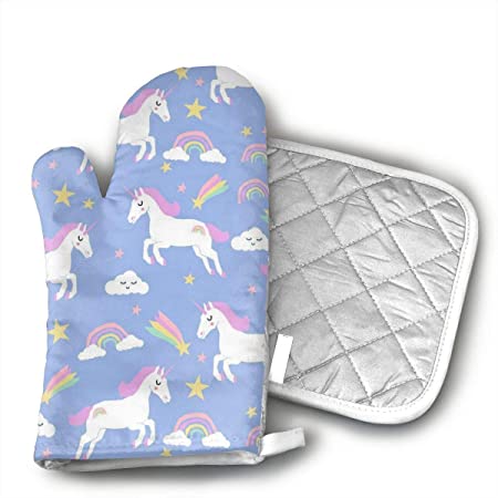 Rainbow Clouds Stars Cute Girls Unicorn Oven Mitts and Potholders (2-Piece Sets) - Kitchen Set with Cotton Heat Resistant,Oven Gloves for BBQ Cooking Baking Grilling