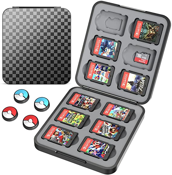 HEYSTOP Game Card Case Compatible with Nintendo Switch Games,12 Slot Storage Protective Box, Slim and Portable Protective Shell Switch Storage Bag with 4 Joy-Con Thumb Caps, Black